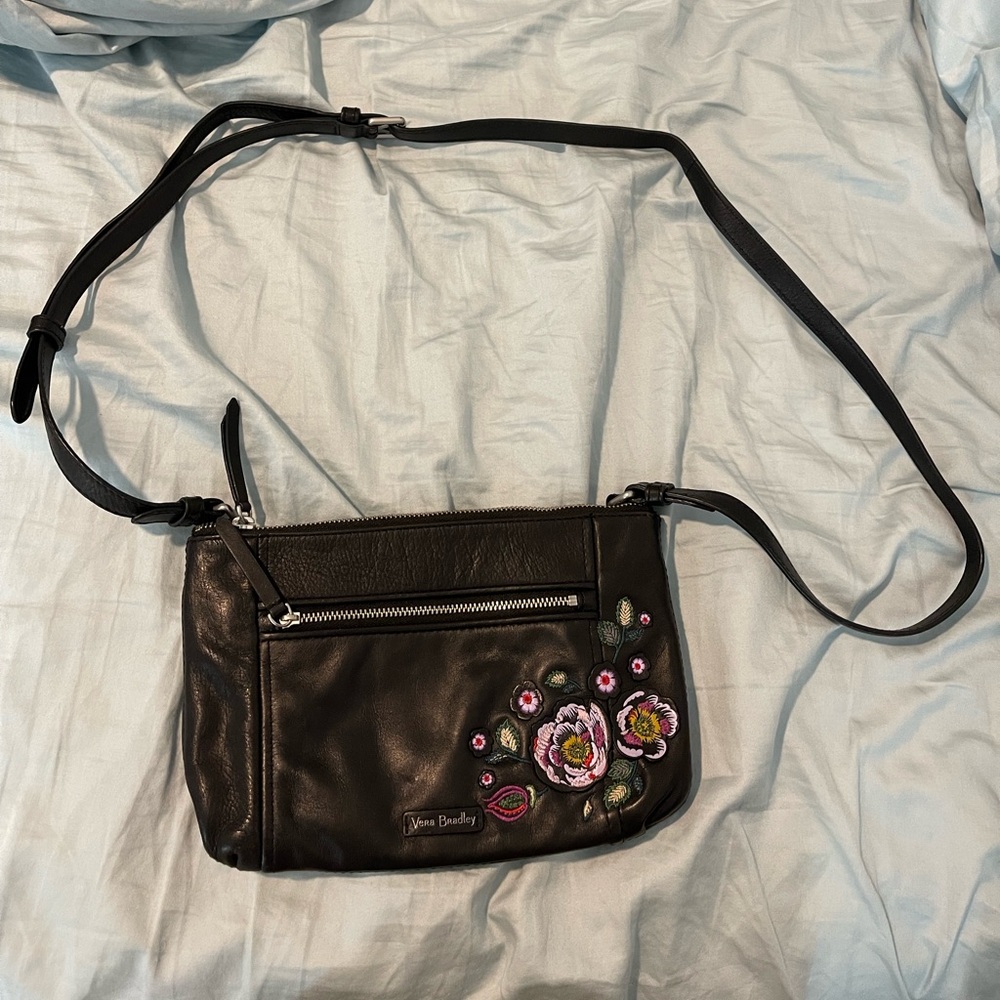 Vera Bradley embroidered black leather crossbody